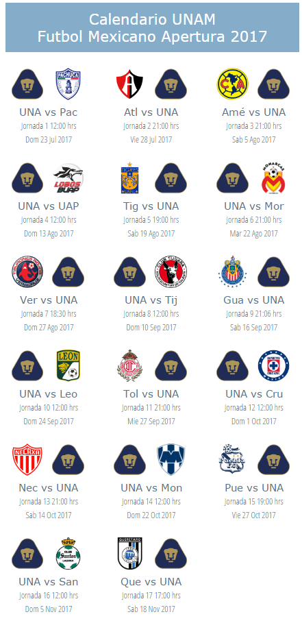 Calendario de Pumas UNAM para el apertura 2017 del futbol mexicano